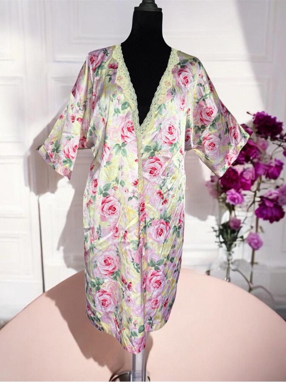 Secret Treasures Pink Rose Floral Satin Kimono with Lace Trim